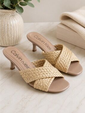Calvin Klein Tan Woven Cross-Band Slide Mules